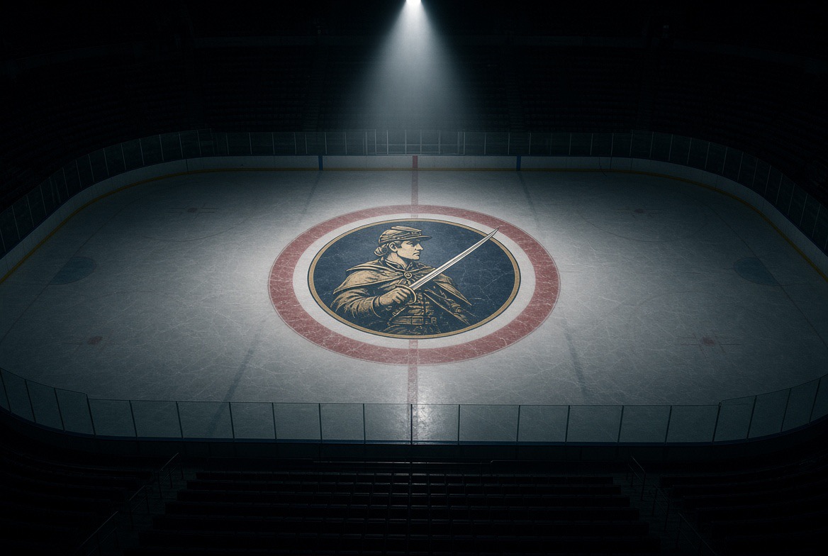 The Havenridge Sentinels insignia at center ice under a spotlight