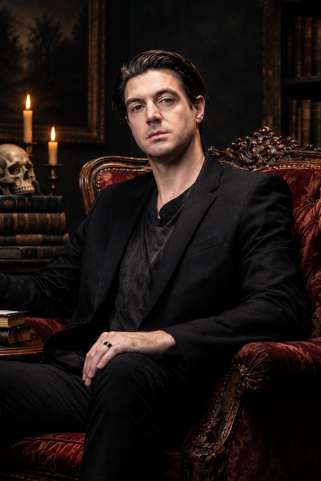 R. J. Carter seated in an ornate armchair beside candlelight and old books